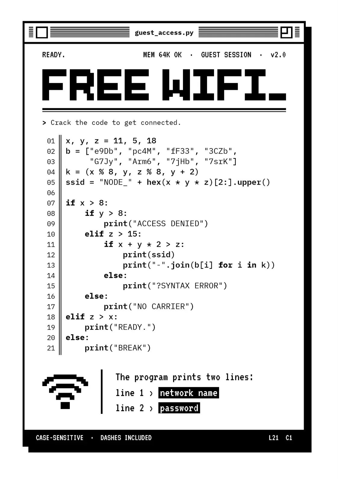 L’affiche « Free WiFi » en noir et blanc : une fenêtre d’éditeur rétro intitulée guest_access.py, le titre FREE WIFI en lettres pixélisées, un programme Python numéroté de 01 à 21, puis un pictogramme Wi-Fi et la consigne : la ligne 1 donne le nom du réseau, la ligne 2 le mot de passe.