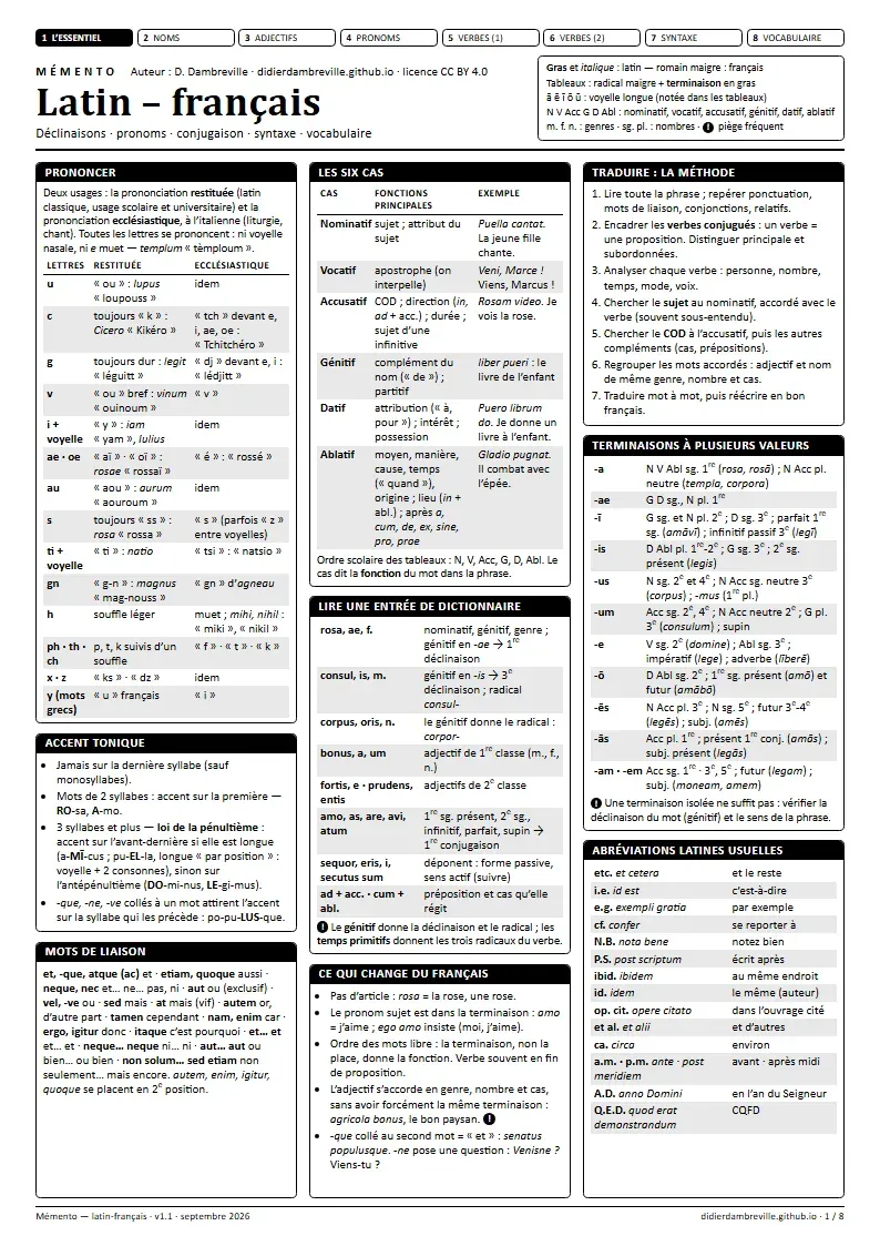 Première page du mémento « Latin – français » : titre, légende des conventions et encadrés en colonnes, en noir et blanc.
