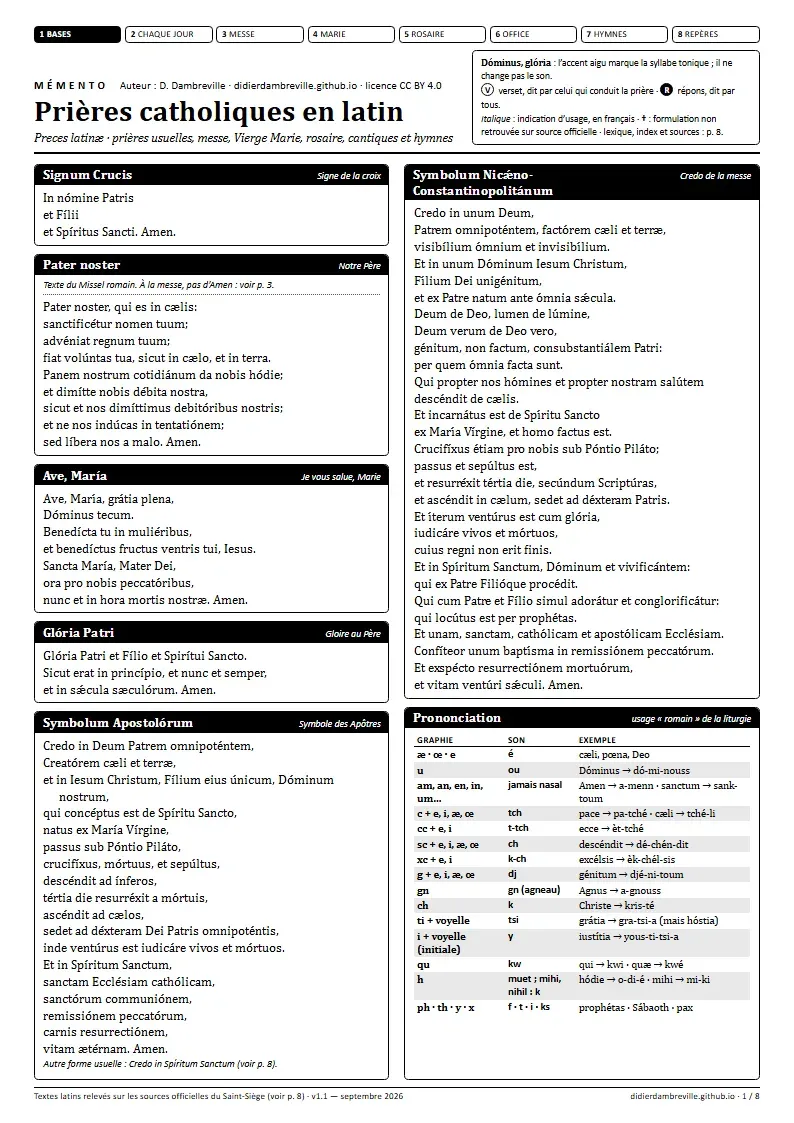 Première page du mémento « Prières catholiques en latin » : titre, légende des conventions et encadrés en colonnes, en noir et blanc.